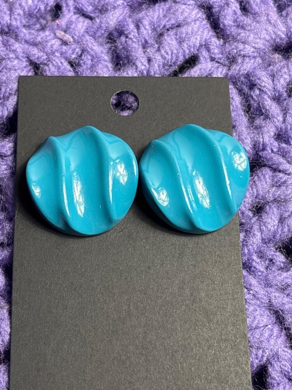 Blue Textured Heavy Ceramic Circle Stud Earrings 1 inch